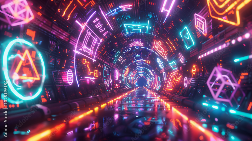A glowing neon tunnel filled with futuristic geometric symbols and digital elements, creating a vibrant, cyberpunk atmosphere.
A glowing neon tunnel filled with futuristic geometric symbols and digital elements, creating a vibrant, cyberpunk atmosphere.