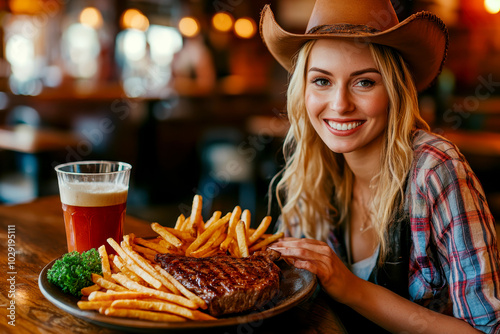 Girl in cowboy outfit serving steaks with fries. AI generative. photo