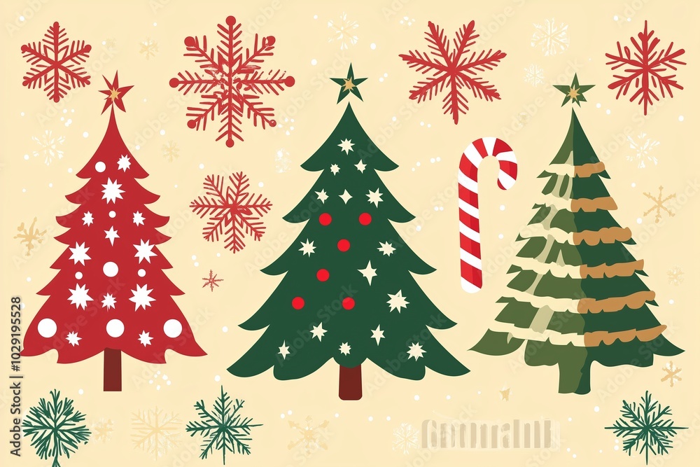 Obraz premium Seamless pattern, A cheerful holiday-themed illustration featuring three stylized Christmas trees in red and green adorned with stars and ornaments.