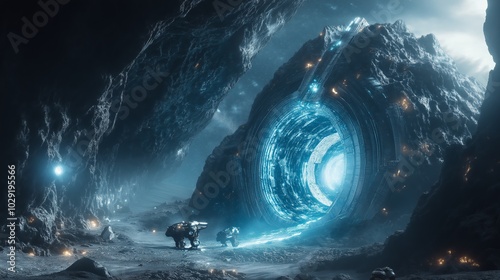 Futuristic portal in rocky cave with armored figures, showing advanced technology and exploration concept for science fiction settings