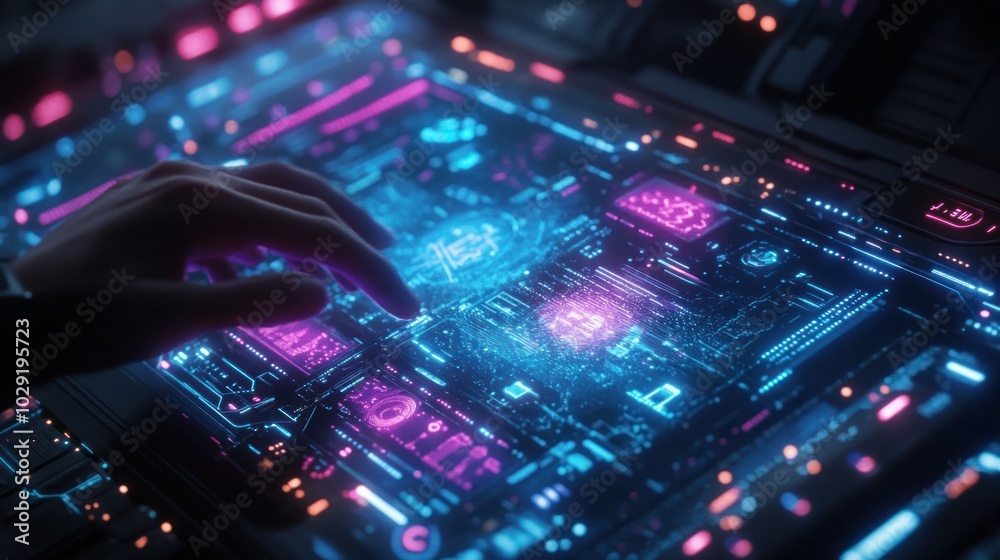 © 88pikaso - A hand interacts with a futuristic glowing interface, displaying digital data and information. © 88pikaso - A hand interacts with a futuristic glowing interface, displaying digital data and information.