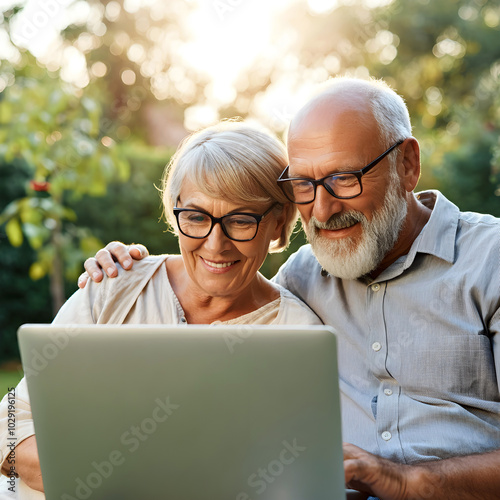 Wallpaper Mural Mature happy senior couple having video call, virtual chat with family sitting in the garden, outdoors, aged man and woman using laptop shopping online, watching tv, browsing web.

 Torontodigital.ca