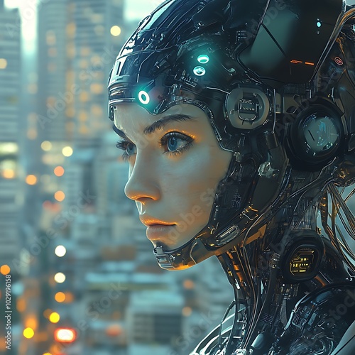 A futuristic cyborg woman with a cityscape background, showcasing advanced technology.