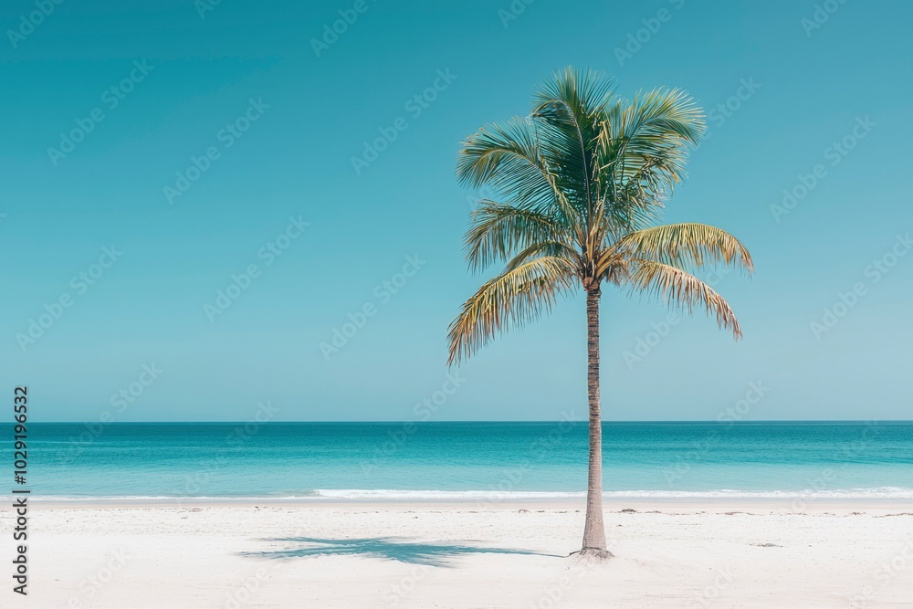 Fototapeta premium Palm Tree on a White Sandy Beach with Turquoise Ocean