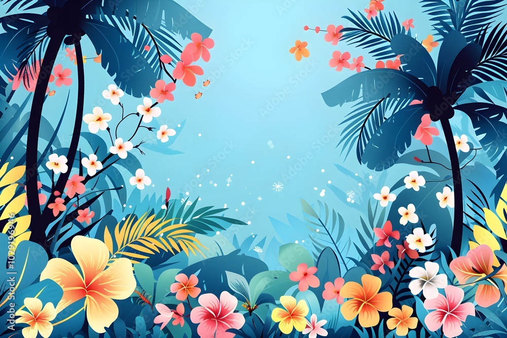A tropical scene with palm trees and flowers A tropical scene with palm trees and flowers