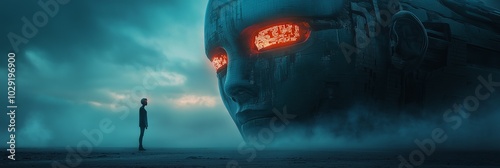 Man faces colossal illuminated robotic head in dystopian landscape, digital art depicting human versus machine interaction, illustrating themes of AI, technology, and future conflict