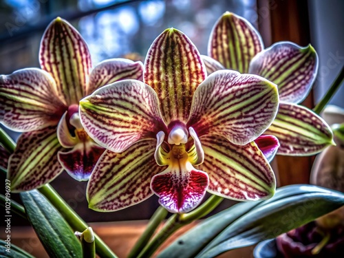 Stunning Close-Up of Red, White, and Green Orchid Blossom on Transparent Background for Spring and Summer Decor