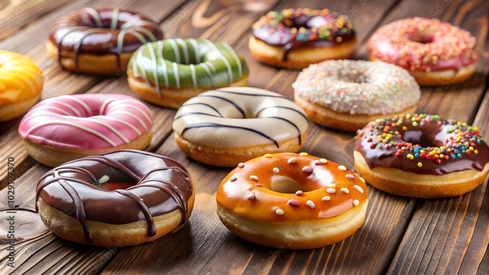 Glazed Donuts with wooden table Glazed Donuts with wooden table