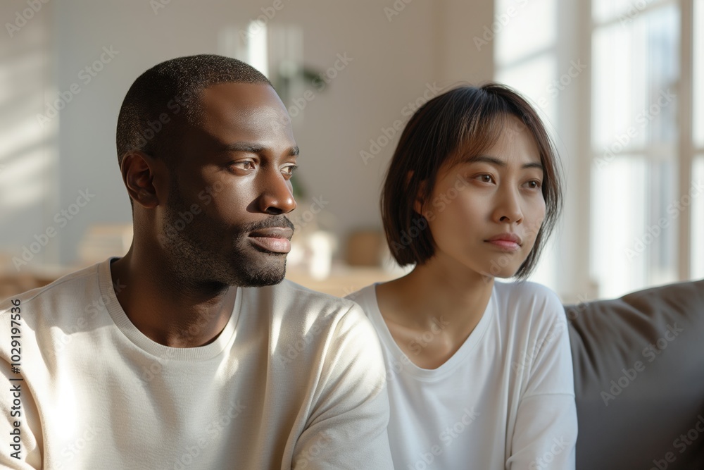 Pensive couple sitting together contemplating their future in a bright living room, relationship dynamics, emotional support Pensive couple sitting together contemplating their future in a bright living room, relationship dynamics, emotional support