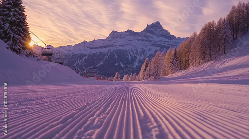 Freshly Groomed Ski Slopes in the Swiss Alps: Pristine Corduroy Snow Patterns at Dawn, Pink Alpenglow, Gondola Lift, and High-Definition Snow Textures. photo