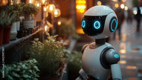 A charming robot stands in a lively urban garden, surrounded by various plants and warm lighting, showcasing a blend of technology and nature