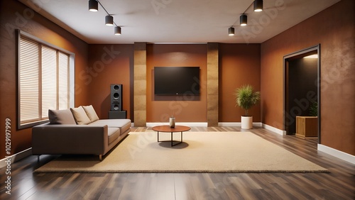 Minimalist interior design of modern entertainment room with carpet brown wall