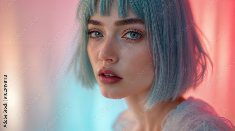 A close-up of a young woman with short, pastel blue hair and soft makeup, gazing at the camera. The background features a soft gradient of pink and blue, creating a dreamy, ethereal atmosphere. A close-up of a young woman with short, pastel blue hair and soft makeup, gazing at the camera. The background features a soft gradient of pink and blue, creating a dreamy, ethereal atmosphere.
