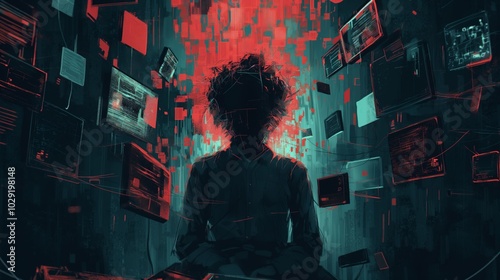 Silhouette of Person Enveloped in Digital Data Stream Representing Cybersecurity and Information Overload