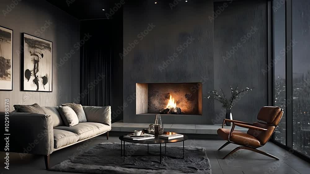 Modern Living Room with a Minimalist Design Featuring a Fireplace and Large Windows