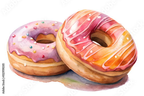 Watercolor hand drawn Glazed Donuts on a white background