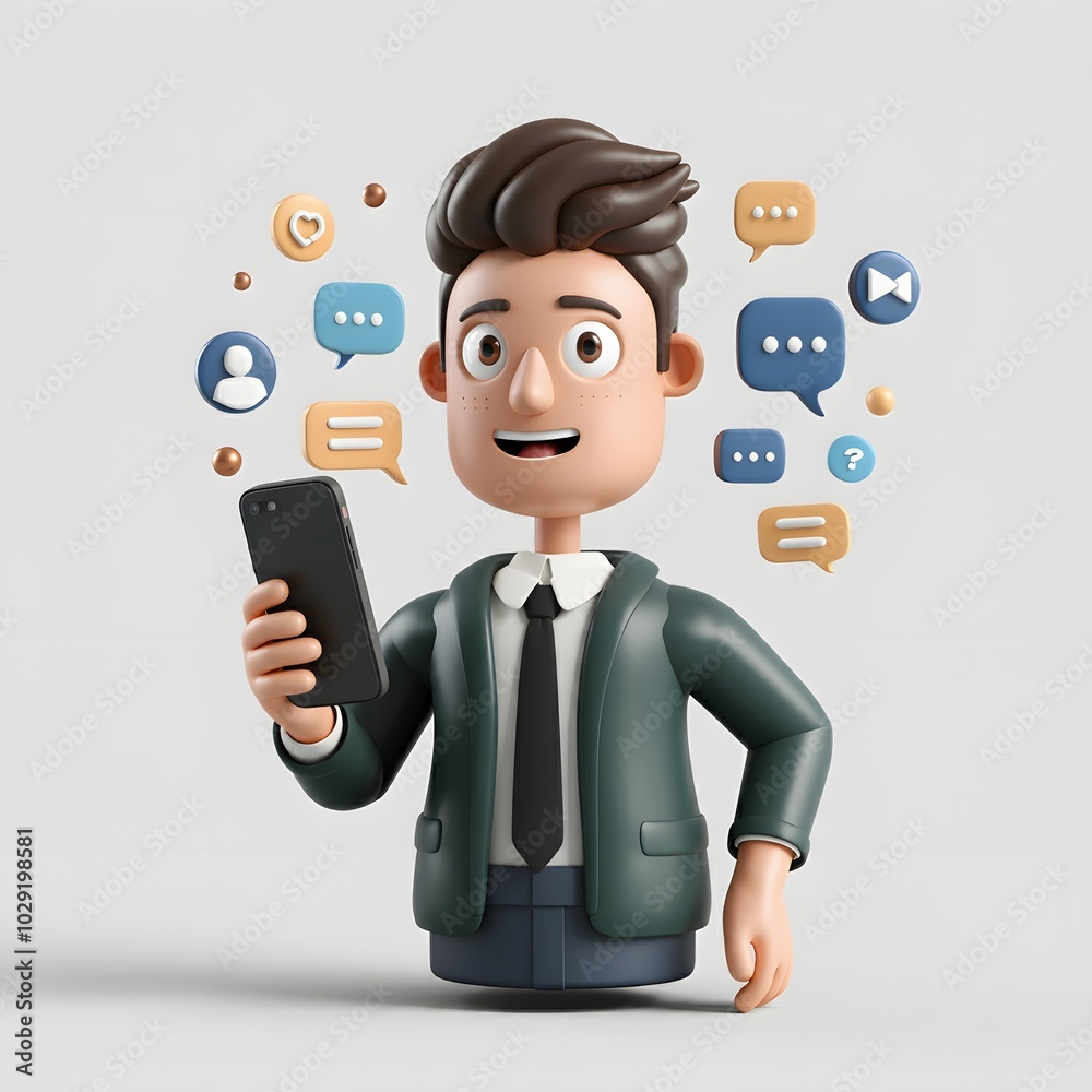 3D illustration of a character holding a smartphone, surrounded by colorful social media icons and communication symbols, set against a solid white background. Ideal for digital communication 3D illustration of a character holding a smartphone, surrounded by colorful social media icons and communication symbols, set against a solid white background. Ideal for digital communication