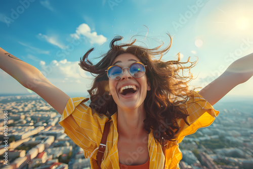 A joyful young woman with curly hair and glasses celebrates on a rooftop, embracing the sunny sky over a cityscape.