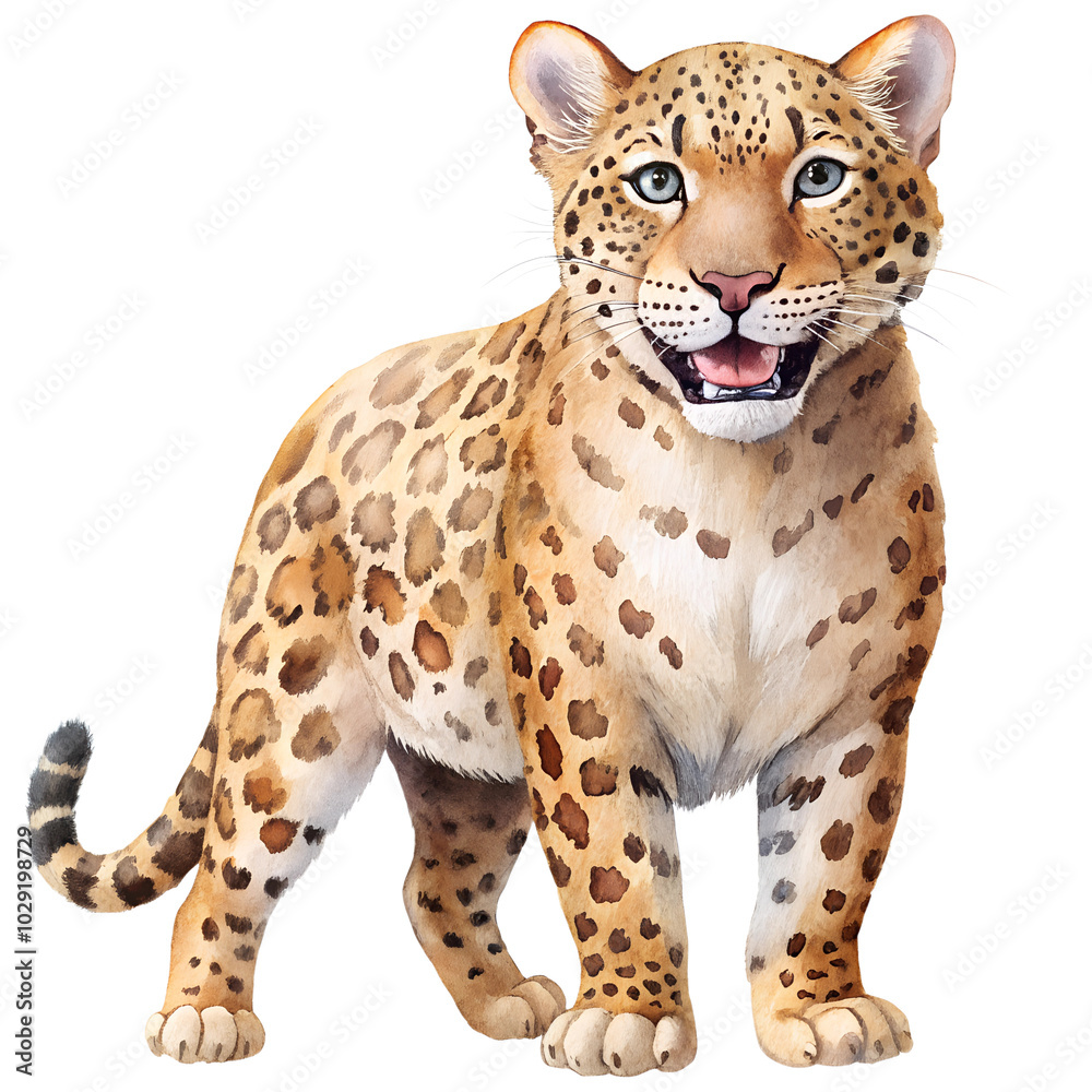 Watercolor hand drawn Leopard smiling on white background Watercolor hand drawn Leopard smiling on white background