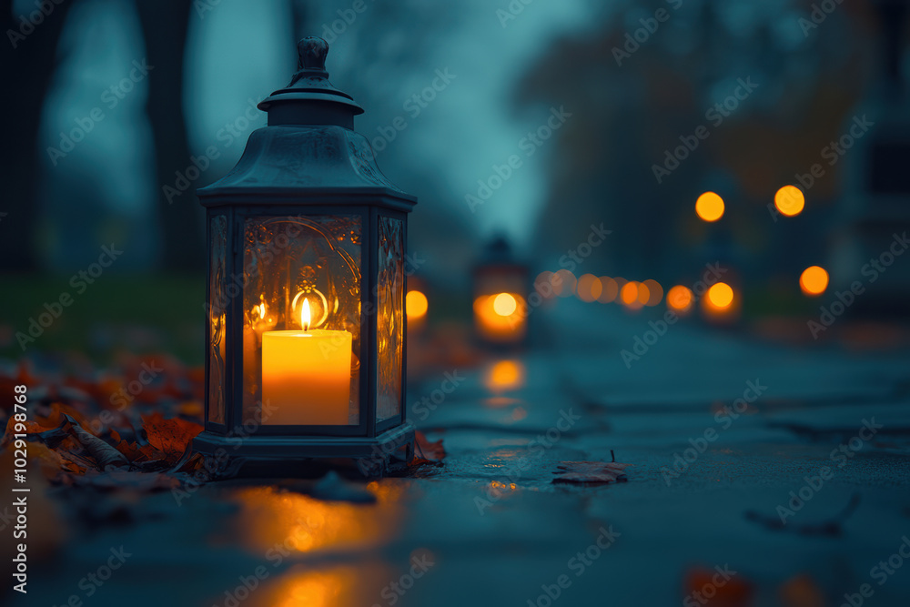 Glass lanterns with candles on cemetery close-up Glass lanterns with candles on cemetery close-up