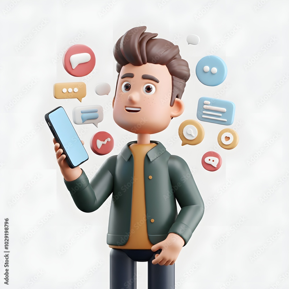 3D illustration of a character holding a smartphone, surrounded by colorful social media icons and communication symbols, set against a solid white background. Ideal for digital communication 3D illustration of a character holding a smartphone, surrounded by colorful social media icons and communication symbols, set against a solid white background. Ideal for digital communication