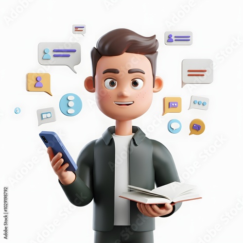 3D illustration of a character holding a smartphone, surrounded by colorful social media icons and communication symbols, set against a solid white background. Ideal for digital communication