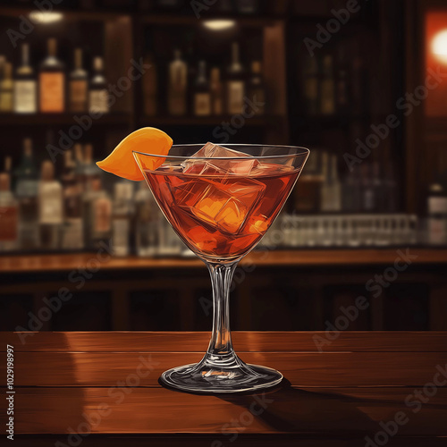 Anime-Style Godfather Cocktail with Ice and Orange Garnish in Low-Light Bar Setting