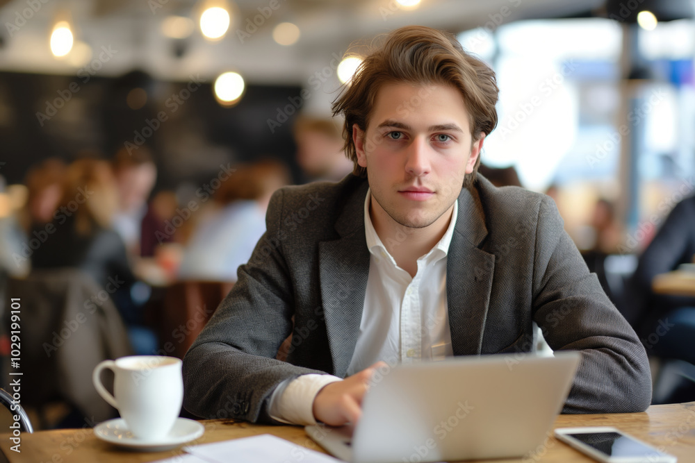 Young professional man with laptop in modern cafe. A fitting image for portraying focus and work in contemporary or freelance settings. Ideal for business, lifestyle, or editorial content Young professional man with laptop in modern cafe. A fitting image for portraying focus and work in contemporary or freelance settings. Ideal for business, lifestyle, or editorial content
