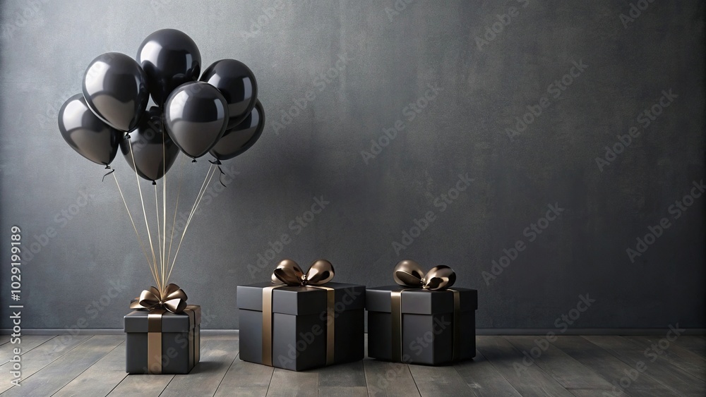 Forced perspective black gift boxes with helium balloons against grey background with copy space Forced perspective black gift boxes with helium balloons against grey background with copy space