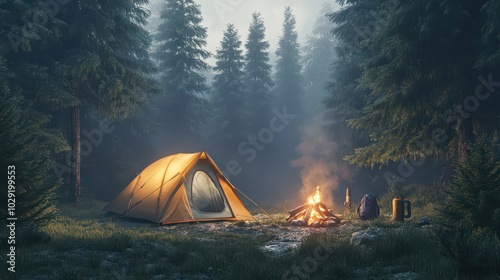 Misty morning camping scene in a lush pine forest: Spacious 4-season tent, glowing campfire, dew-covered grass, and camping gear in crisp focus. High-resolution, soft lighting.