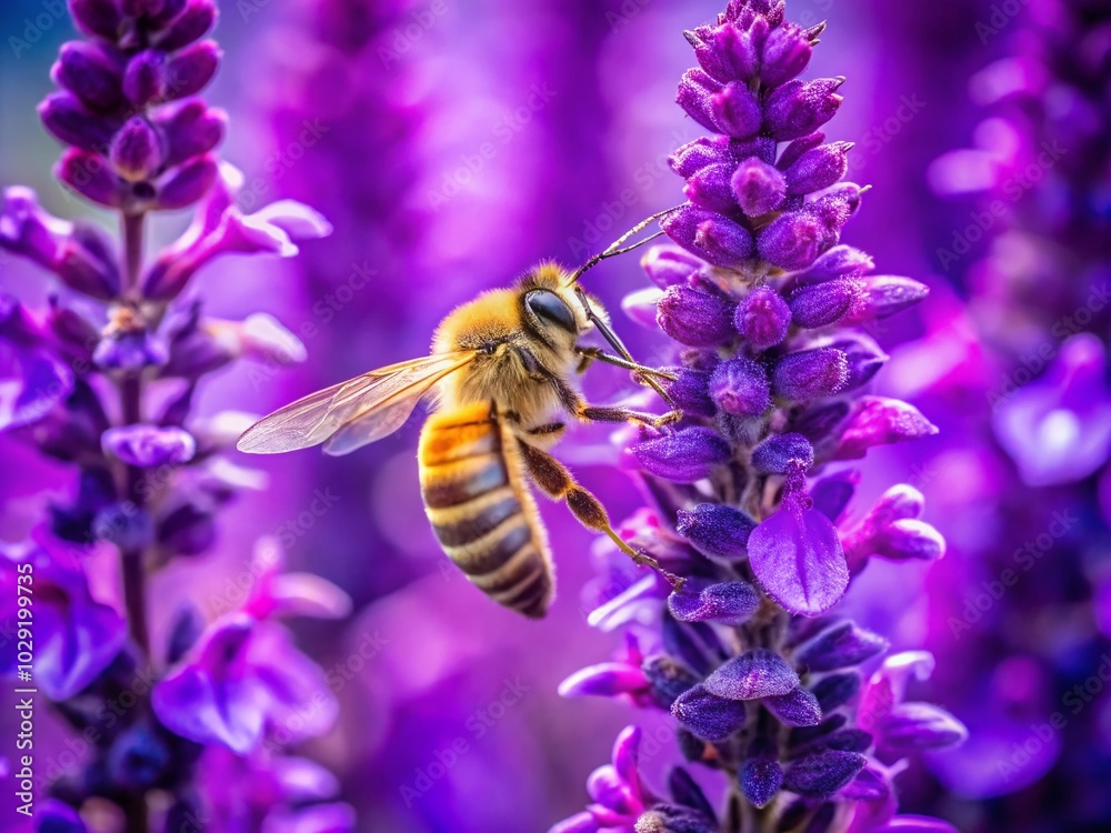 Stunning Double Exposure of Purple Salvia Flowers and a Bee Collecting Nectar Stunning Double Exposure of Purple Salvia Flowers and a Bee Collecting Nectar