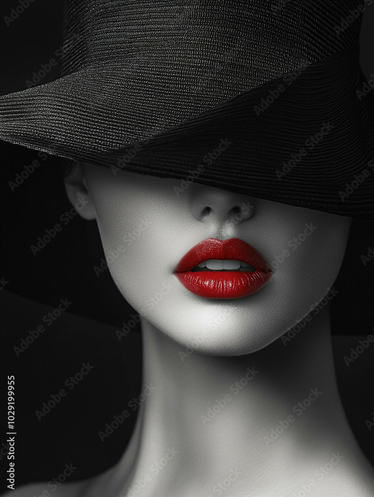 custom made wallpaper toronto digitalblack and white portrait of a beautiful woman in a black hat that covers her face, only her red lips are visible