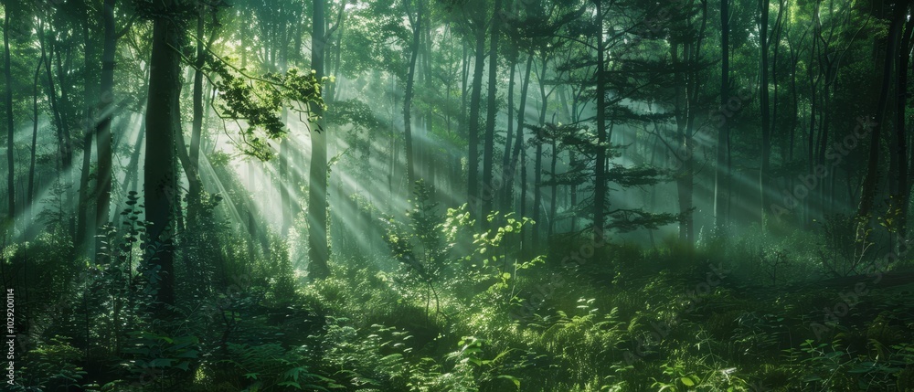 Obraz premium Serene Forest with Sunlight Rays Through Trees