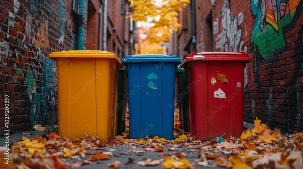 Obraz premium Colorful Trash Bins in a Narrow Alleyway