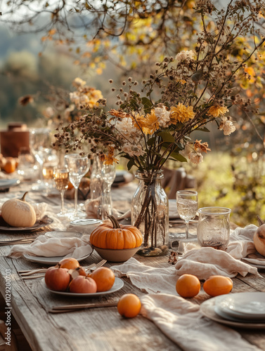 Pumpkins, laid out on a richely decorated rustic wooden table in a fall, autumn garden together with a vase with flowers, plates, glasses photo