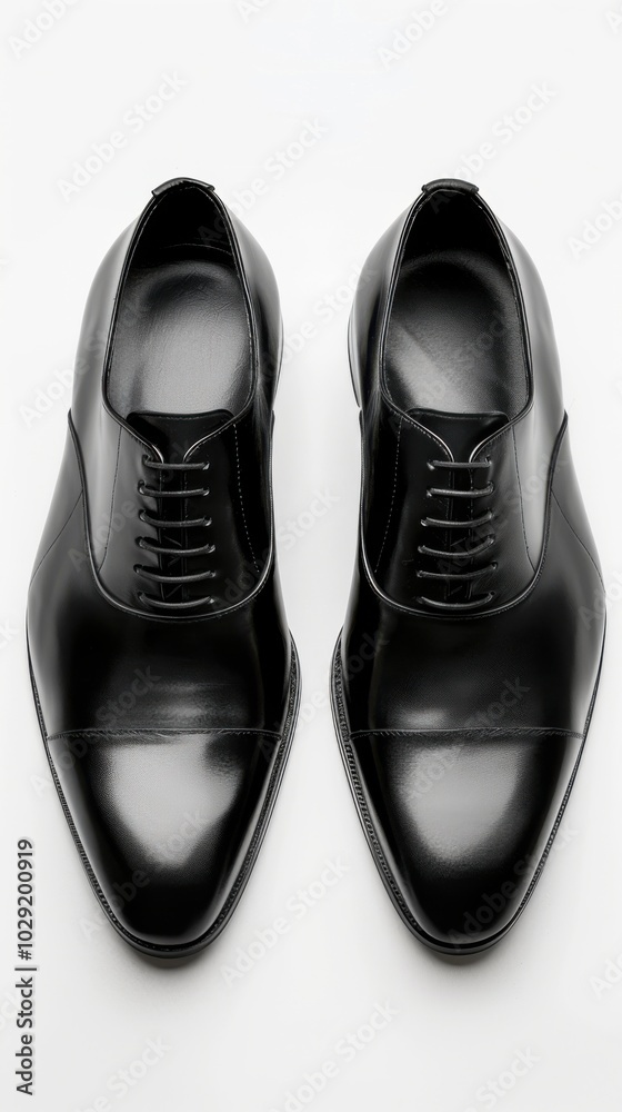 Pair of sleek black dress shoes, white background, 4K hyperrealistic photo Pair of sleek black dress shoes, white background, 4K hyperrealistic photo