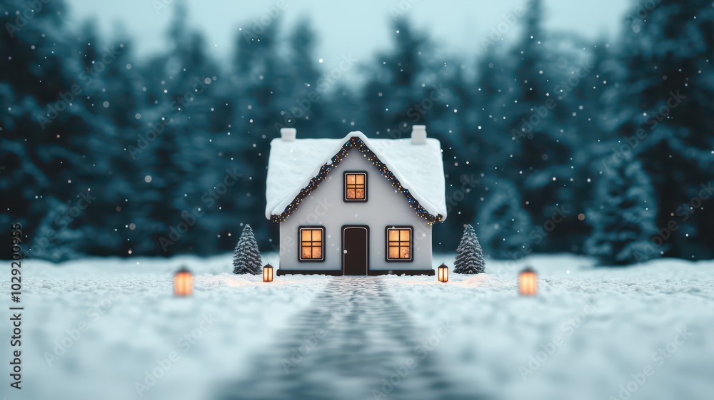 Fototapeta premium A cozy house in a snowy landscape, illuminated warmly, surrounded by trees and lanterns, creating a serene winter atmosphere.