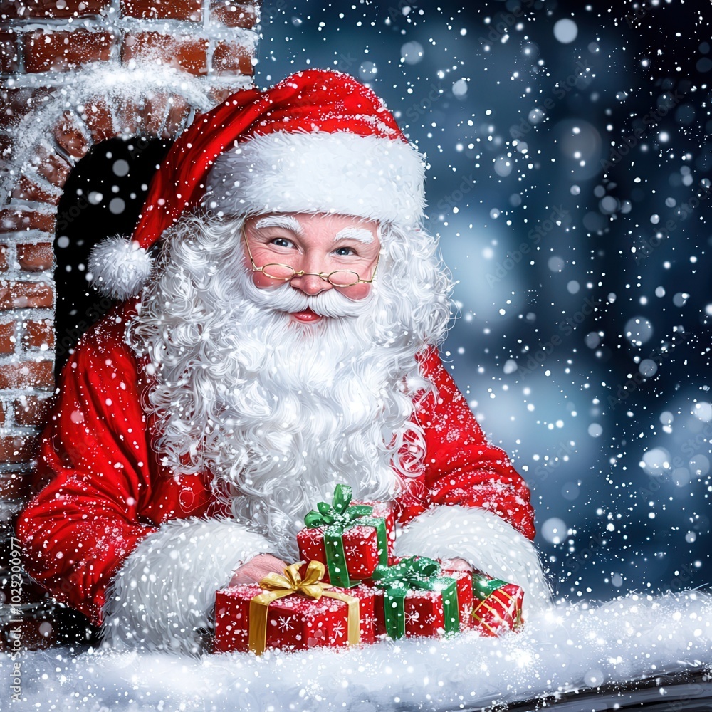 A cheerful Santa Claus in a snowy winter scene, holding colorful presents, perfect for holiday-themed decorations and greetings. A cheerful Santa Claus in a snowy winter scene, holding colorful presents, perfect for holiday-themed decorations and greetings.