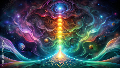 A vibrant cosmic illustration depicting a chakra system with colorful energy waves