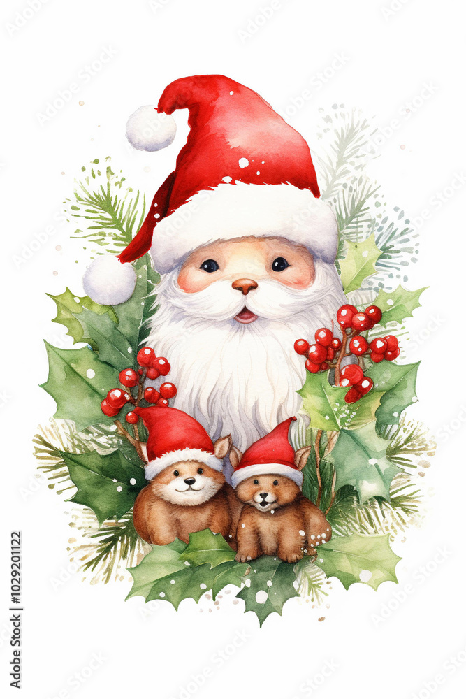cute snowman with santa hat and mistletoes in foreground on white background illustrated watercolor cute snowman with santa hat and mistletoes in foreground on white background illustrated watercolor