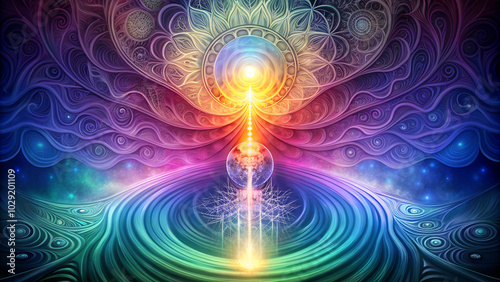 Abstract colorful spiritual energy representation with mandala pattern and light effect