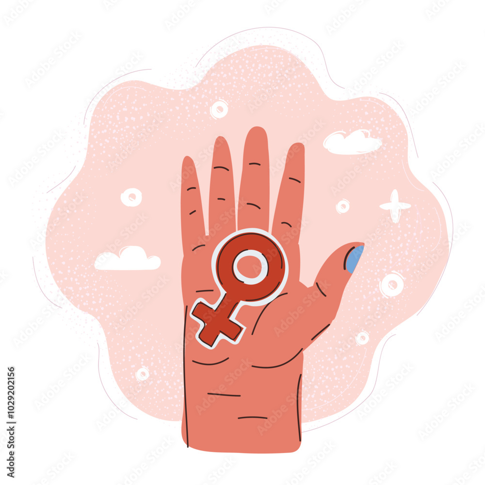 Cartoon vector illustration of Female Symbols in woman hand. Cartoon vector illustration of Female Symbols in woman hand.