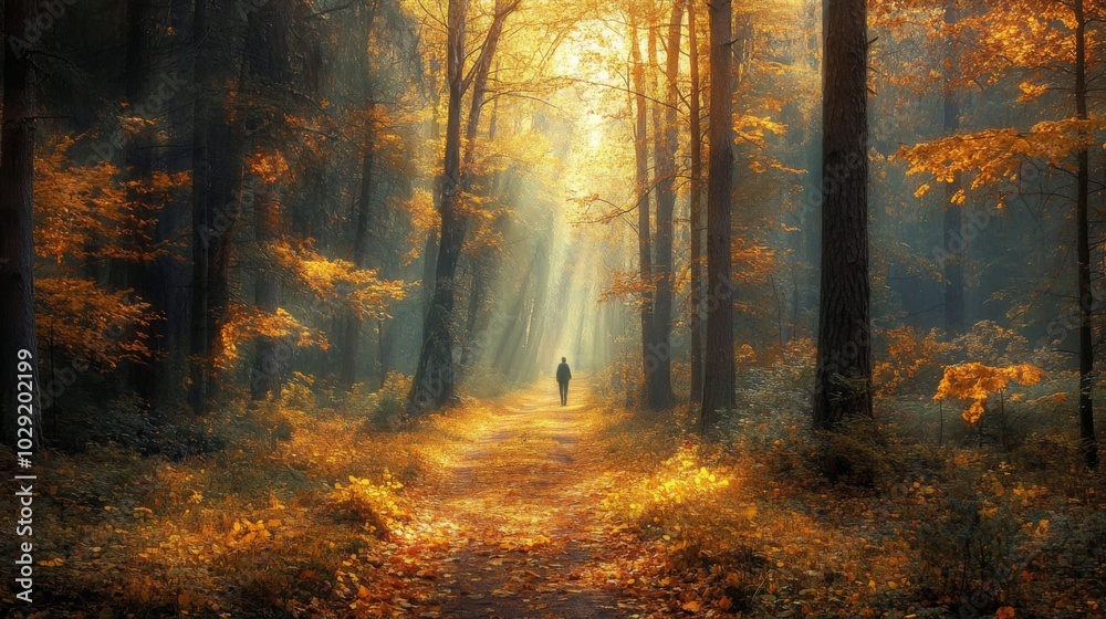 A person strolls down a winding trail surrounded by tall trees adorned with vibrant autumn leaves. A person strolls down a winding trail surrounded by tall trees adorned with vibrant autumn leaves.