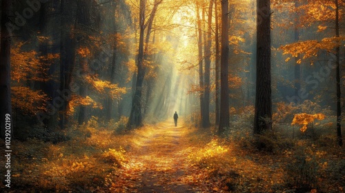 A person strolls down a winding trail surrounded by tall trees adorned with vibrant autumn leaves.