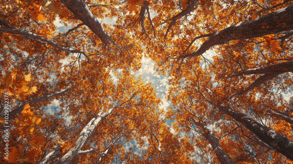 stunning view of autumn trees with vibrant orange leaves against bright sky stunning view of autumn trees with vibrant orange leaves against bright sky