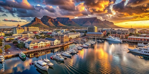 Stunning Drone View of Victoria and Alfred Waterfront Harbor in Cape Town