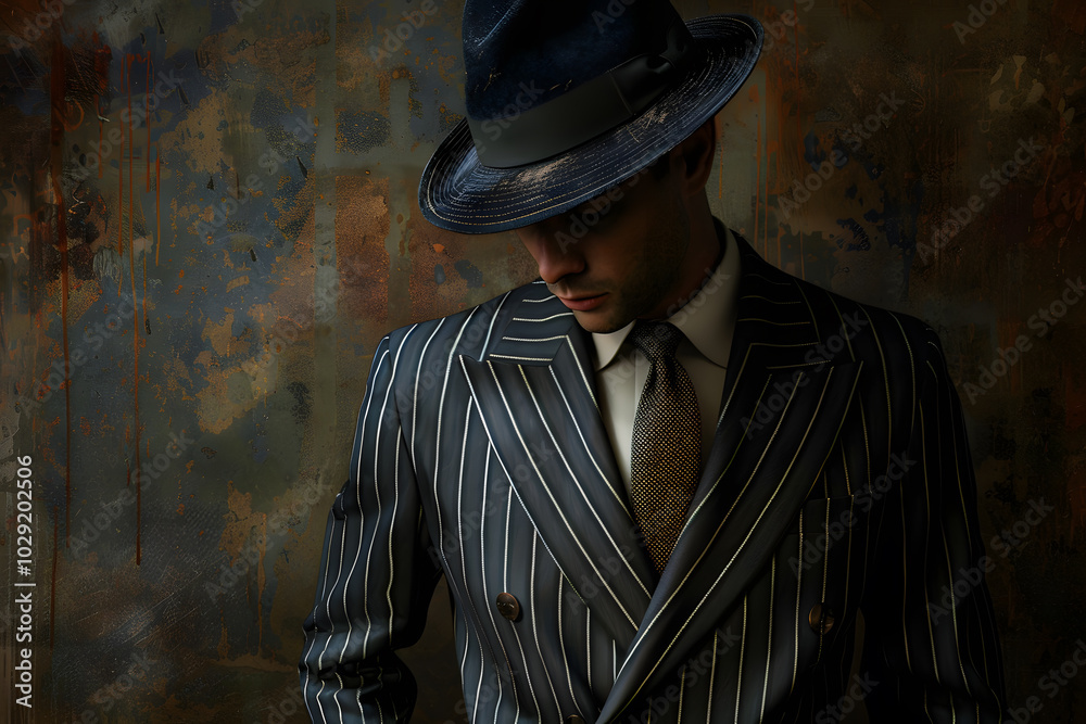 A stylish Caucasian man in a pinstripe suit and fedora, exuding elegance and confidence against a textured dark backdrop. A stylish Caucasian man in a pinstripe suit and fedora, exuding elegance and confidence against a textured dark backdrop.