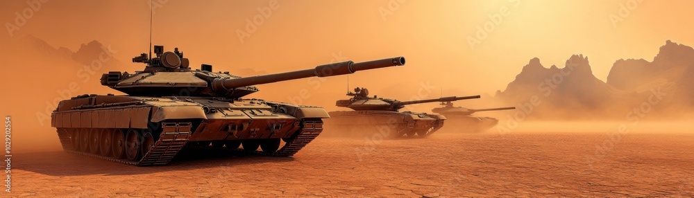 Tanks Advancing Through Fog in a Barren Landscape Tanks Advancing Through Fog in a Barren Landscape