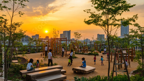 Fototapeta Naklejka Na Ścianę i Meble -  Children play on swings and slides while families gather on benches, enjoying a vibrant sunset over the city skyline in a serene park atmosphere.