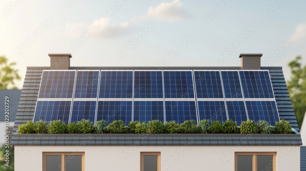 Fototapeta premium Modern Rooftop Garden with Solar Panels on Townhouse